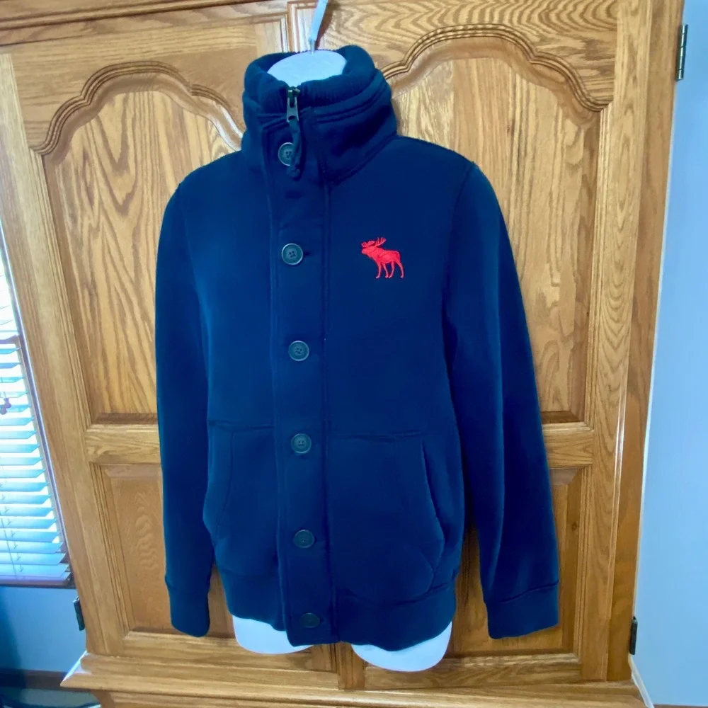 VTG Abercrombie & Fitch Jacket Mens M Navy Blue Red Fleece Lined Mock Neck Moose